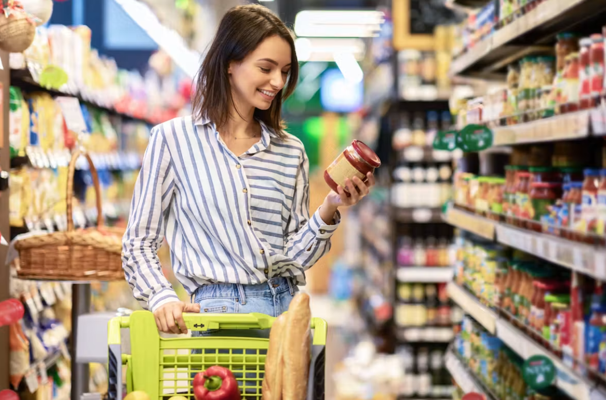 Woman shopping in supermarket isle with green shopping trolly