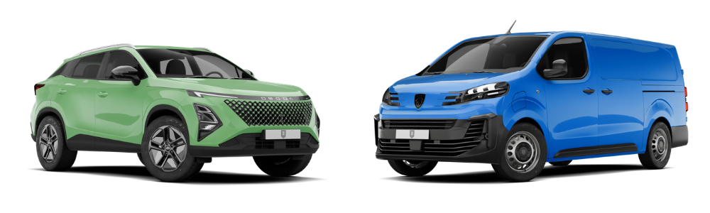 Green Electric car and blue electric van side by side