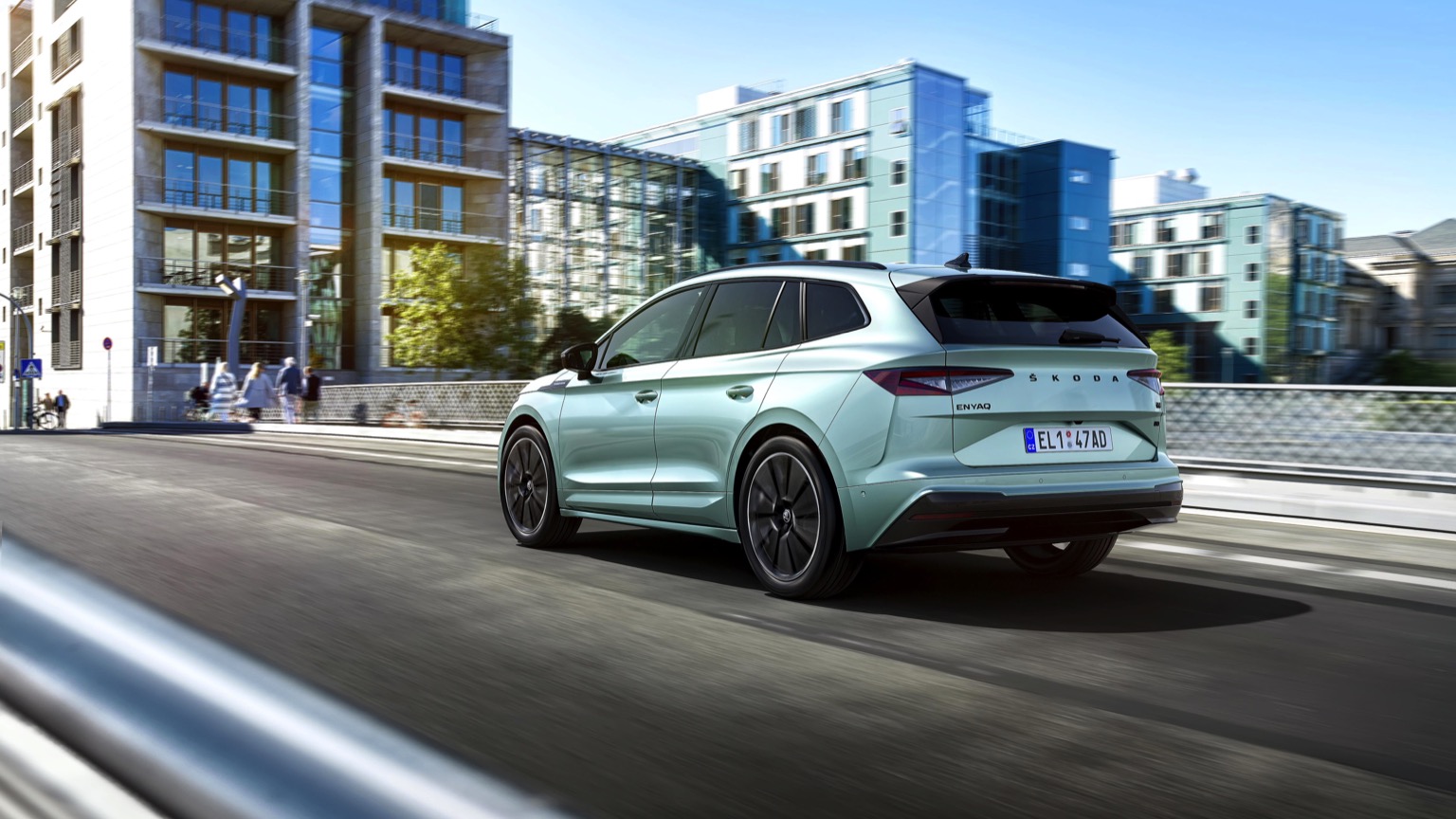 Skoda Enyaq Iv 80 electric car driving in city
