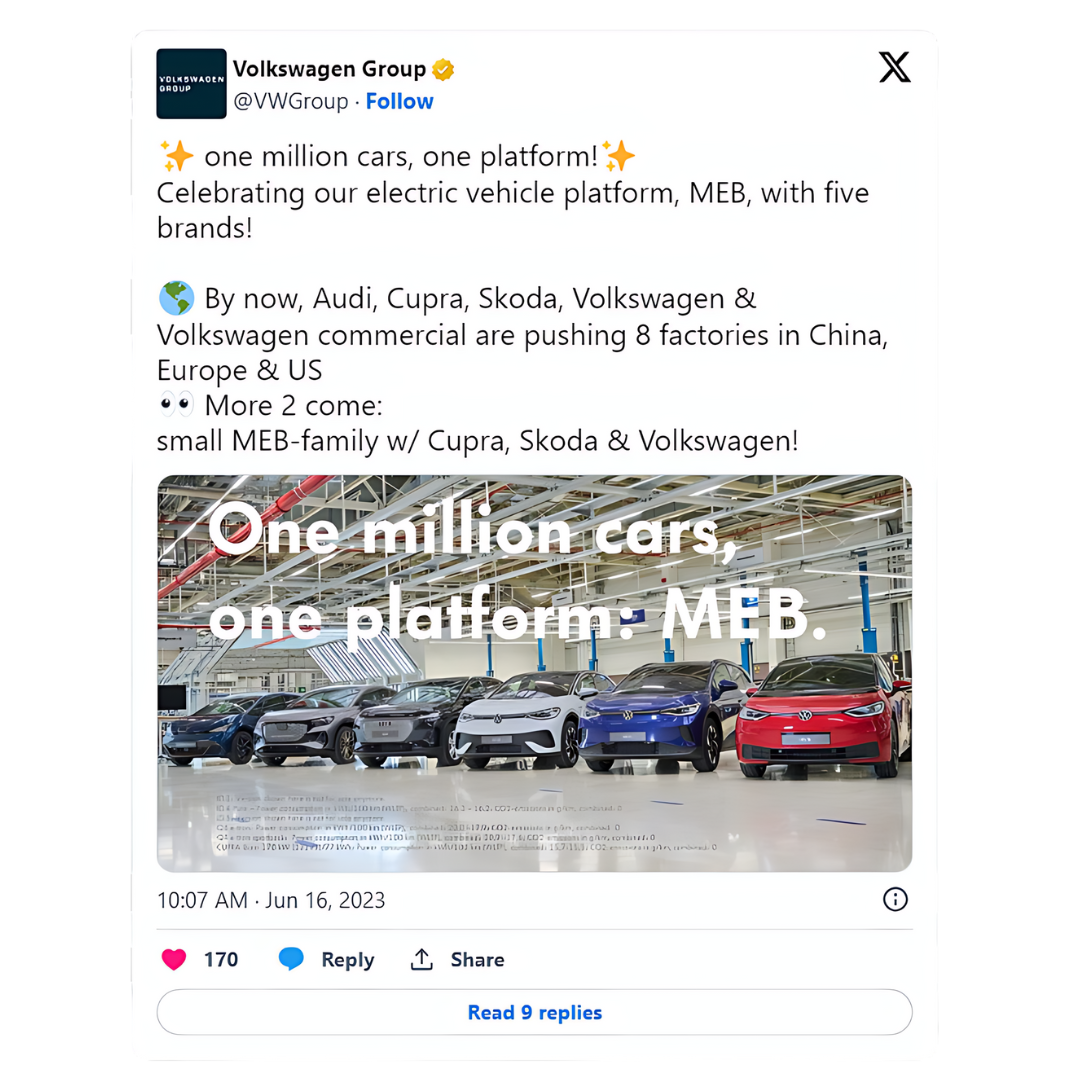 VW Milestone Tweet - 1 Million Cars Built on MEB Platform (JUN '23)
