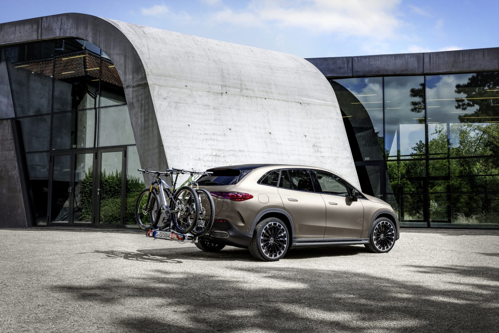 Mercedes benz EQE SUV electric car with bike rack on rear