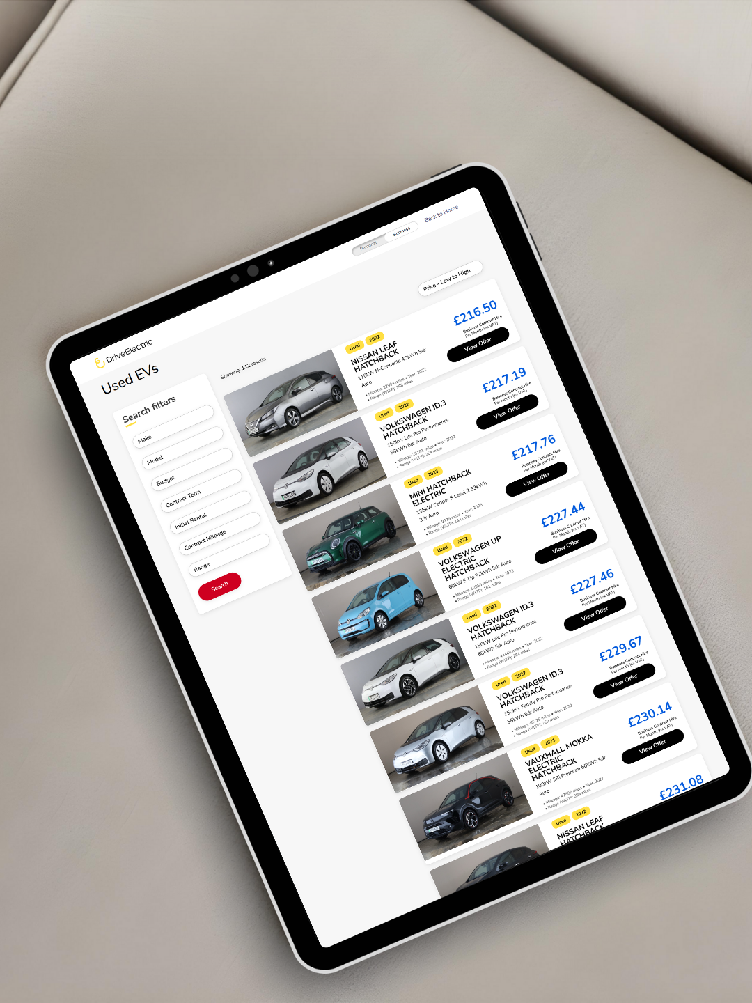 DriveElectric Used electric car search page displayed on an ipad