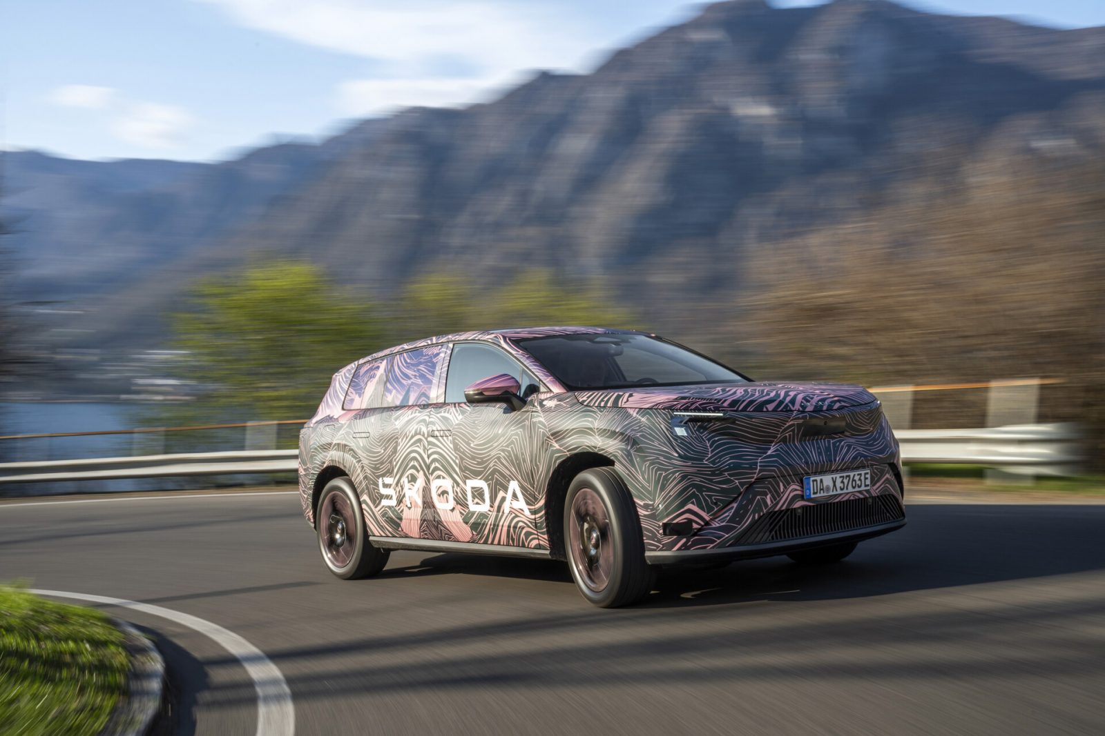 Skoda Peaq electric SUV covered in camouflage on a test drive